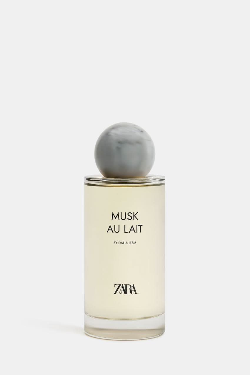 Butelka perfum Musk Au Lait, minimalistyczny design, marmurowy korek, perfumy niszowe