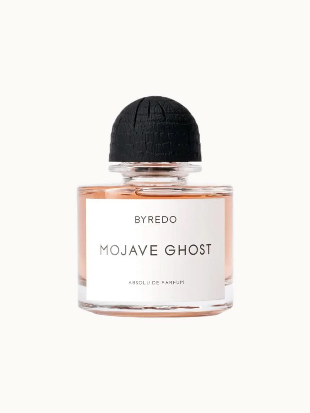 flakon perfum Byredo Mojave Ghost Absolu de Parfum 100 ml z czarnym korkiem na białym tle