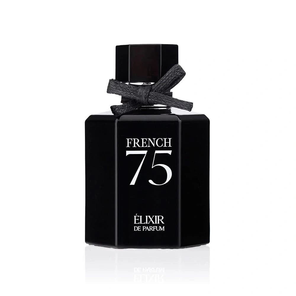 Czarna butelka perfum French 75 ÉLIXIR DE PARFUM z ozdobną kokardką na tle białym
