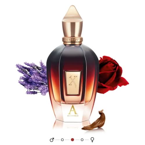 Elegancki flakon perfum niszowych z lawendą, różą i drewnem oud w tle.