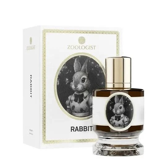 Niszowe perfumy Rabbit, flakon i pudełko z ilustracją królika w eleganckim stroju