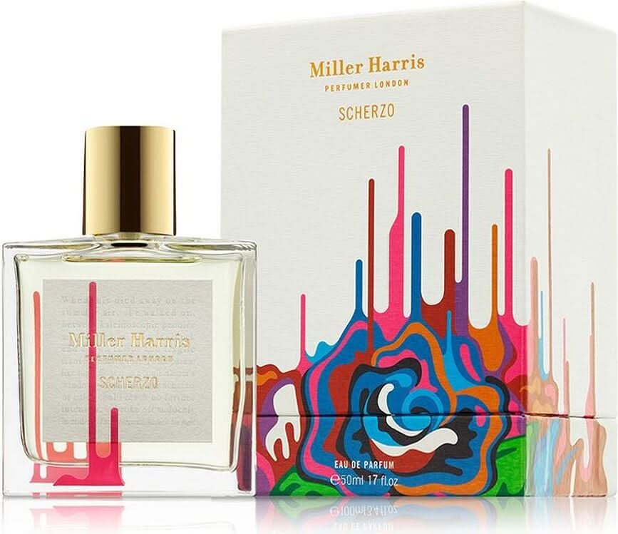 Woda perfumowana Scherzo 50ml z kolorowym opakowaniem i złotym korkiem, Miller Harris