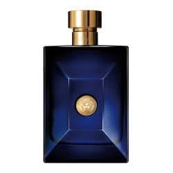 Granatowy flakon perfum męskich z złotą zakrętką i emblematem na środku.